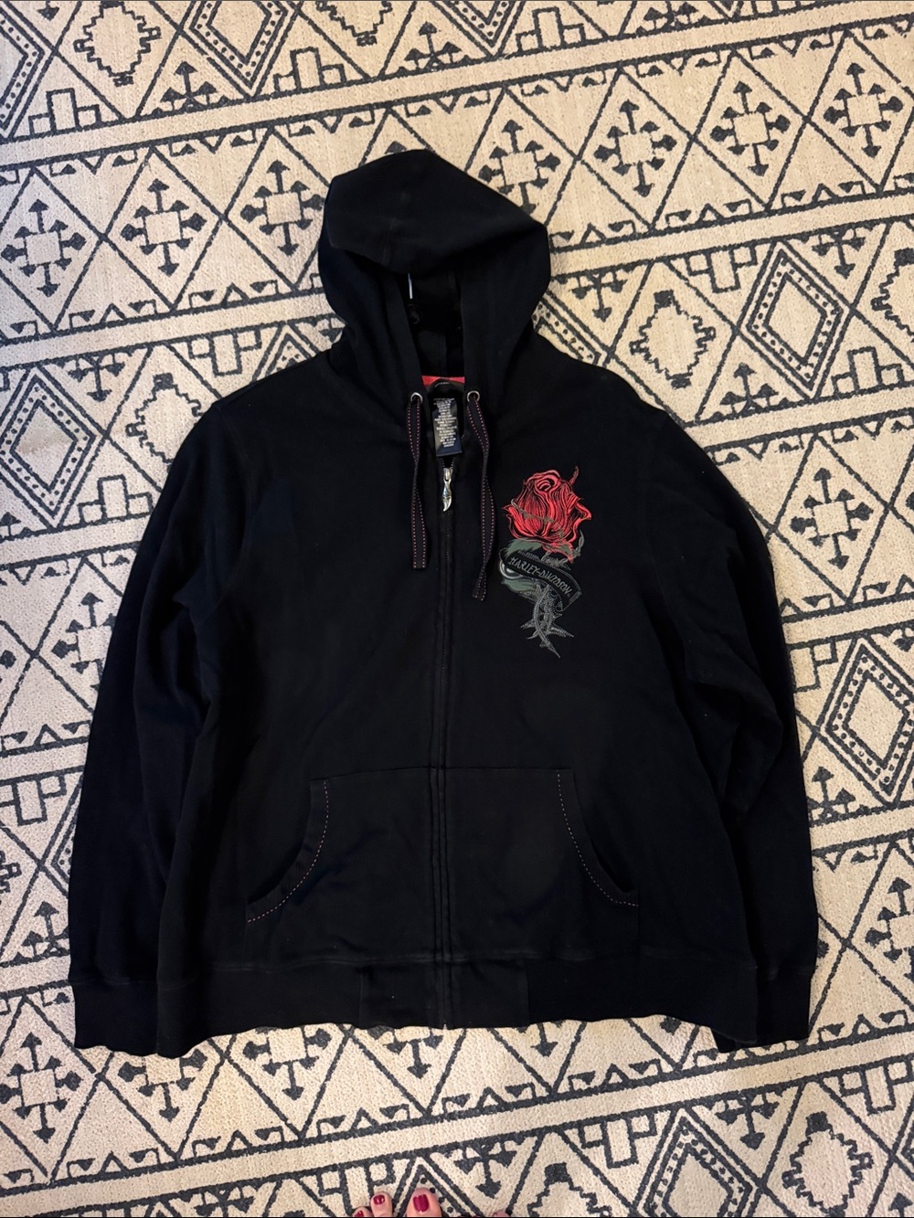 Harley-Davidson Black Hoodie with Red Stitching and Rose Eagle Logo